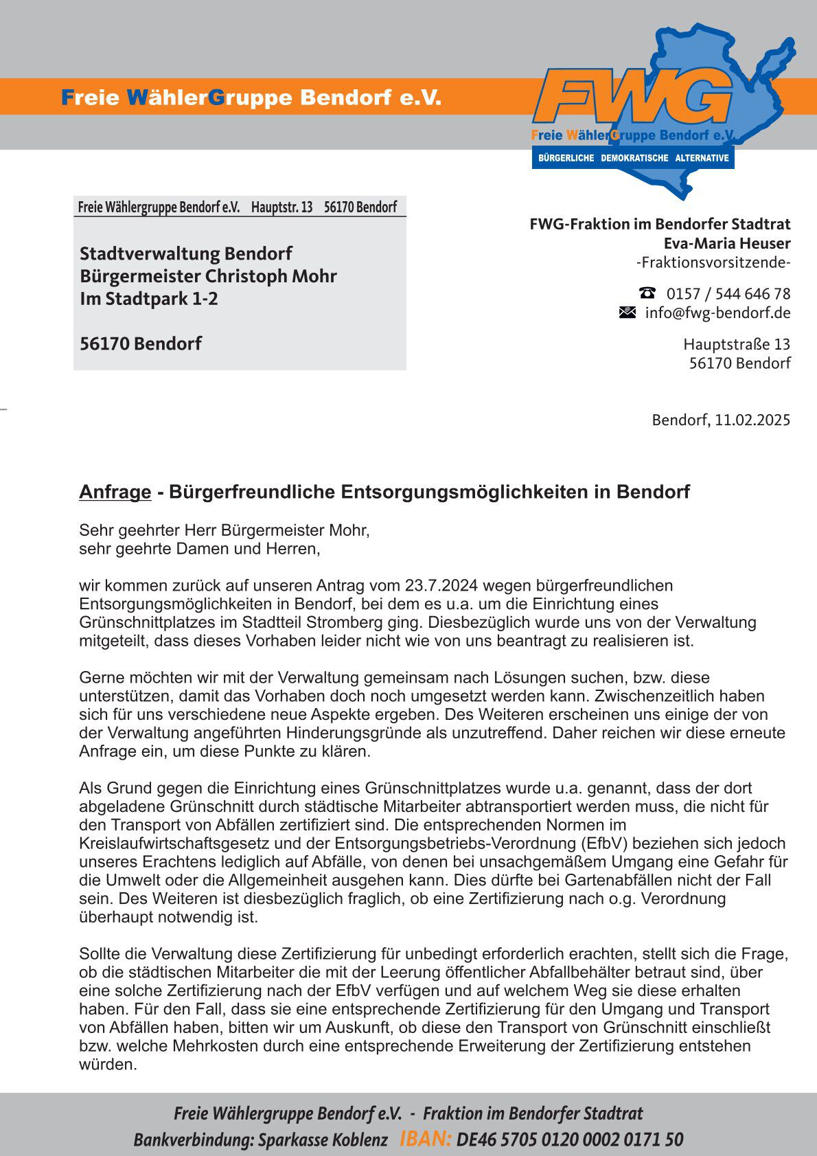 Anfrage - B&uuml;rgerfreundliche Entsorgungsm&ouml;glichkeiten in Bendorf