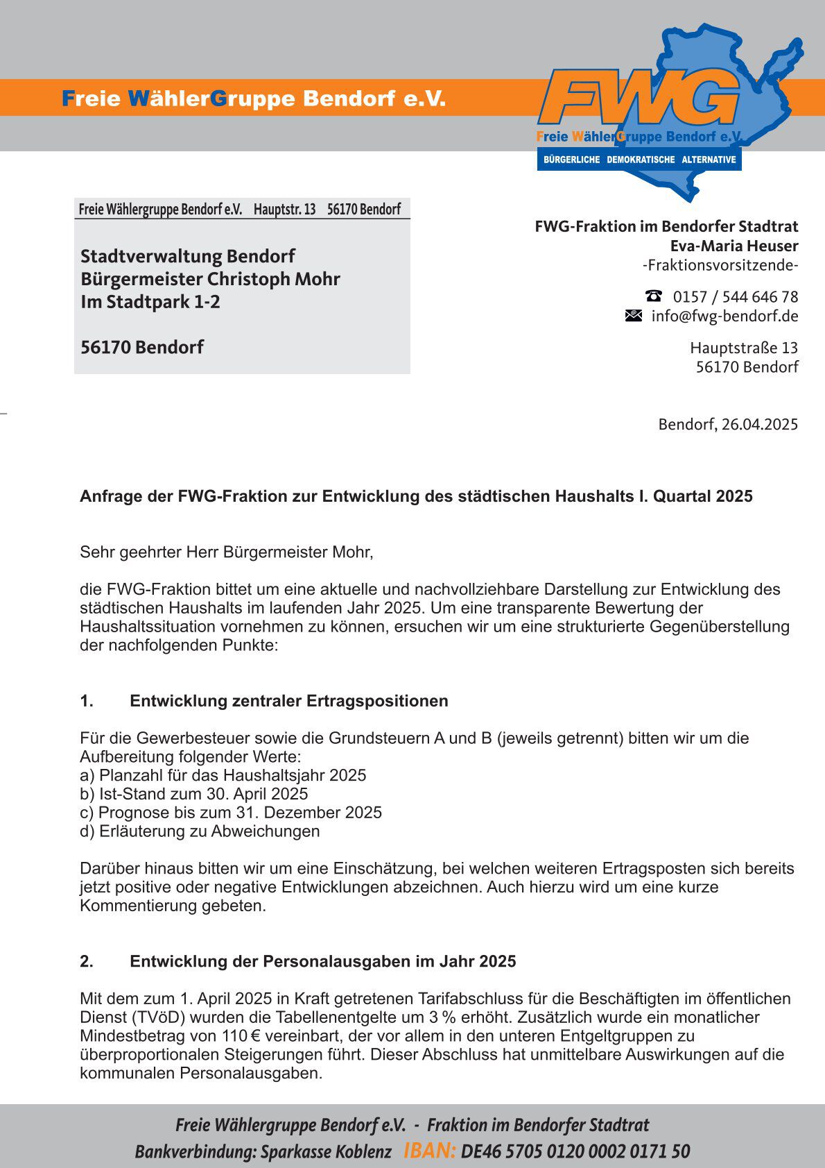 Anfrage der FWG-Fraktion zur Entwicklung des st&auml;dtischen Haushalts I. Quartal 2025