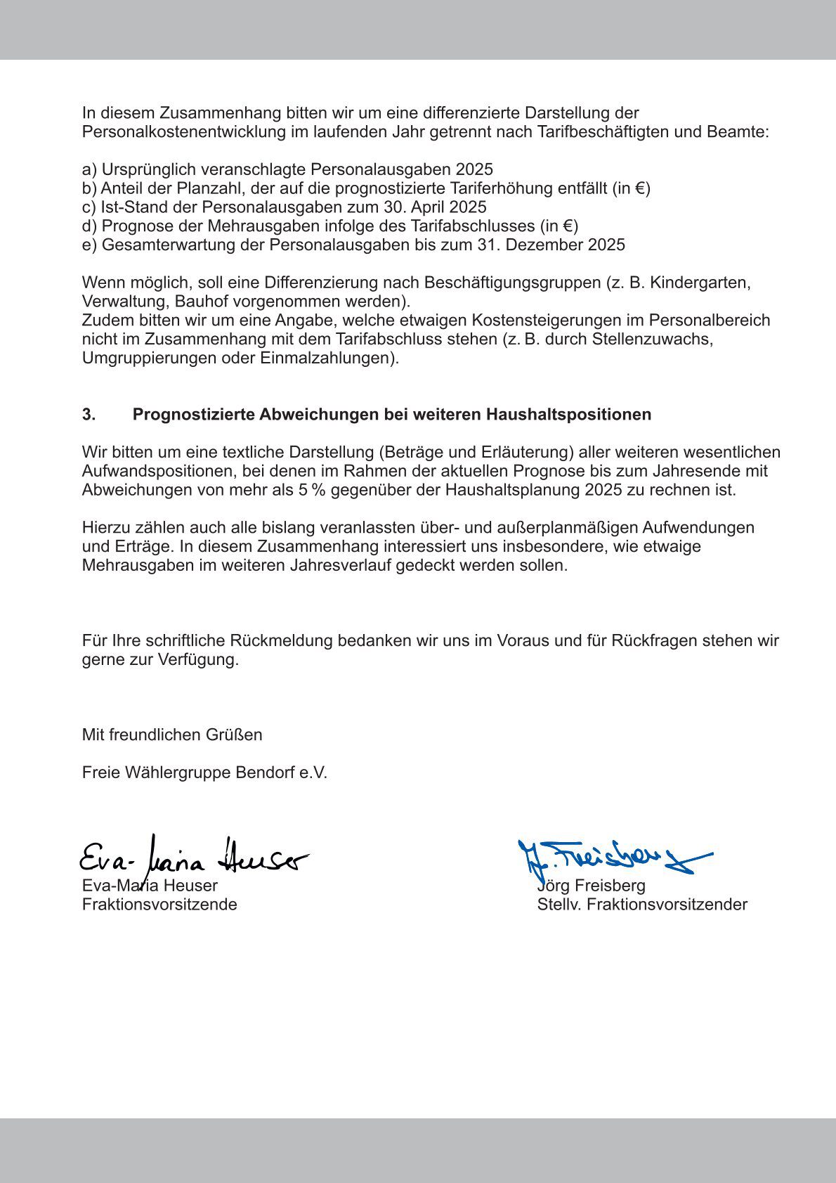 Anfrage der FWG-Fraktion zur Entwicklung des st&auml;dtischen Haushalts I. Quartal 2025