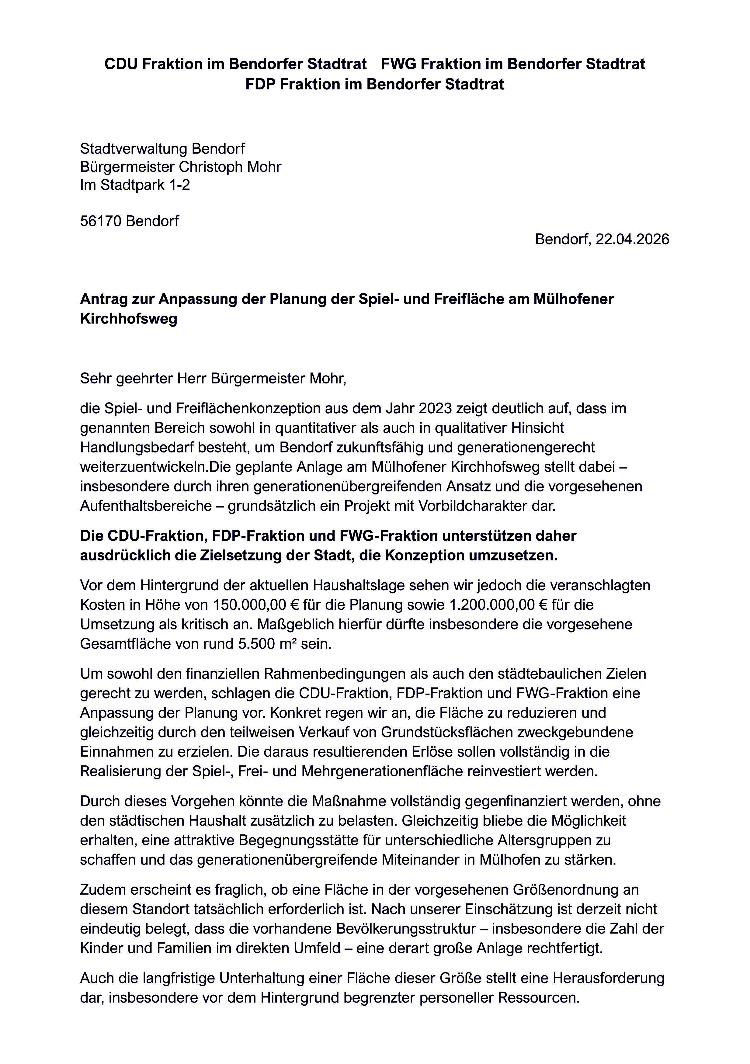 Antrag der CDU, FDP und FWG - Zur Anpassung der Planung der Spiel- und Freifläche am Mülhofener Kirchhofsweg