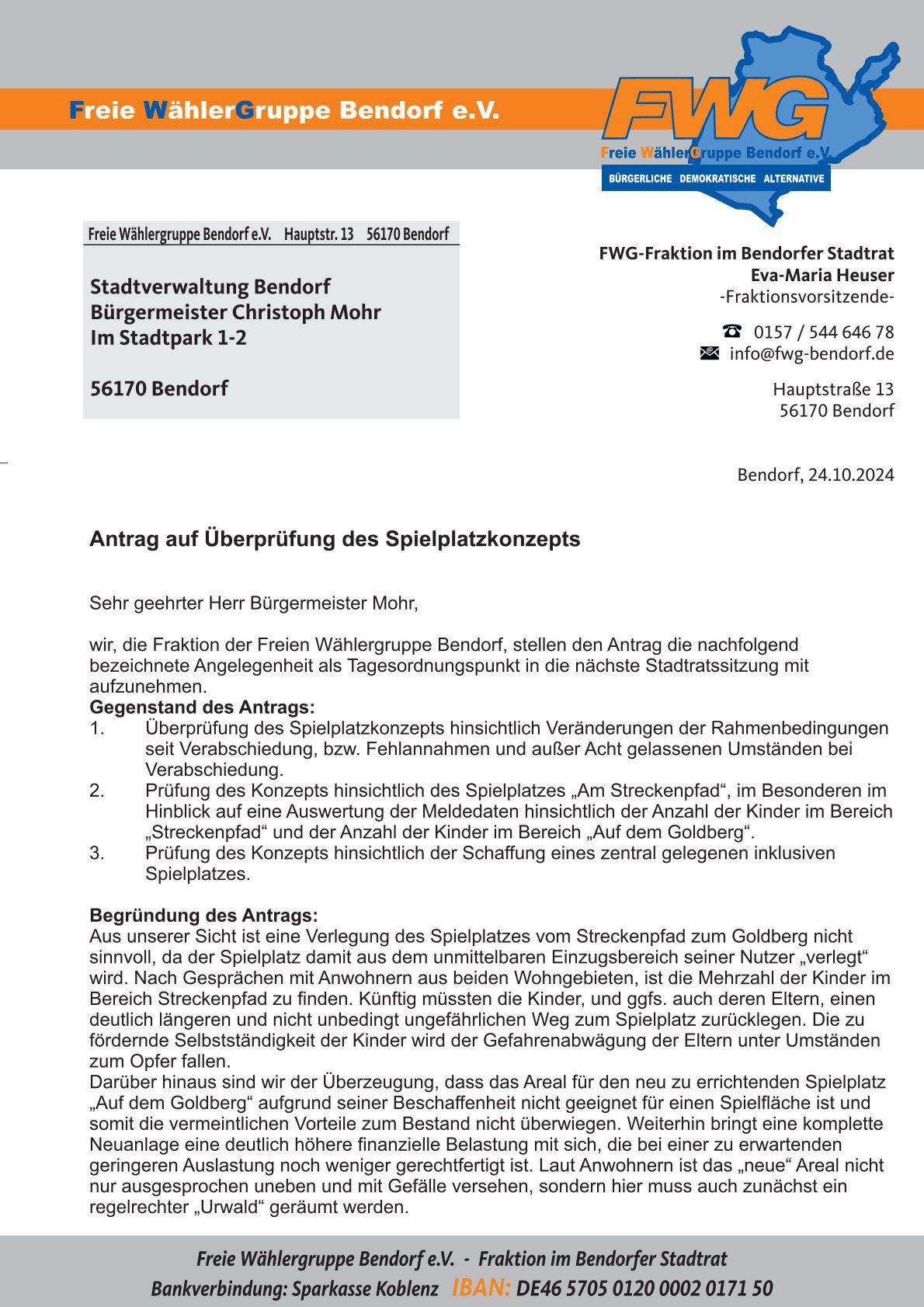 Antrag auf &Uuml;berpr&uuml;fung des Spielplatzkonzepts