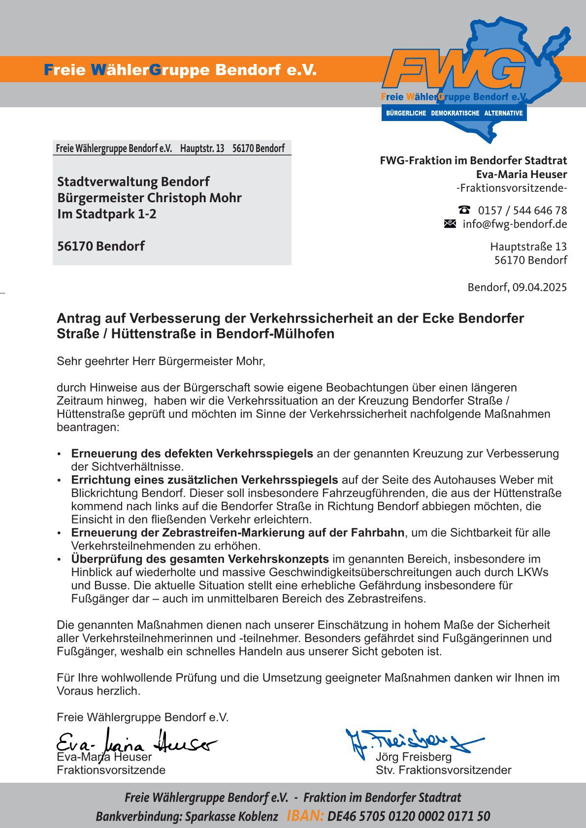 Antrag auf Verbesserung der Verkehrssicherheit an der Ecke Bendorfer Stra&szlig;e / H&uuml;ttenstra&szlig;e in Bendorf-M&uuml;lhofen