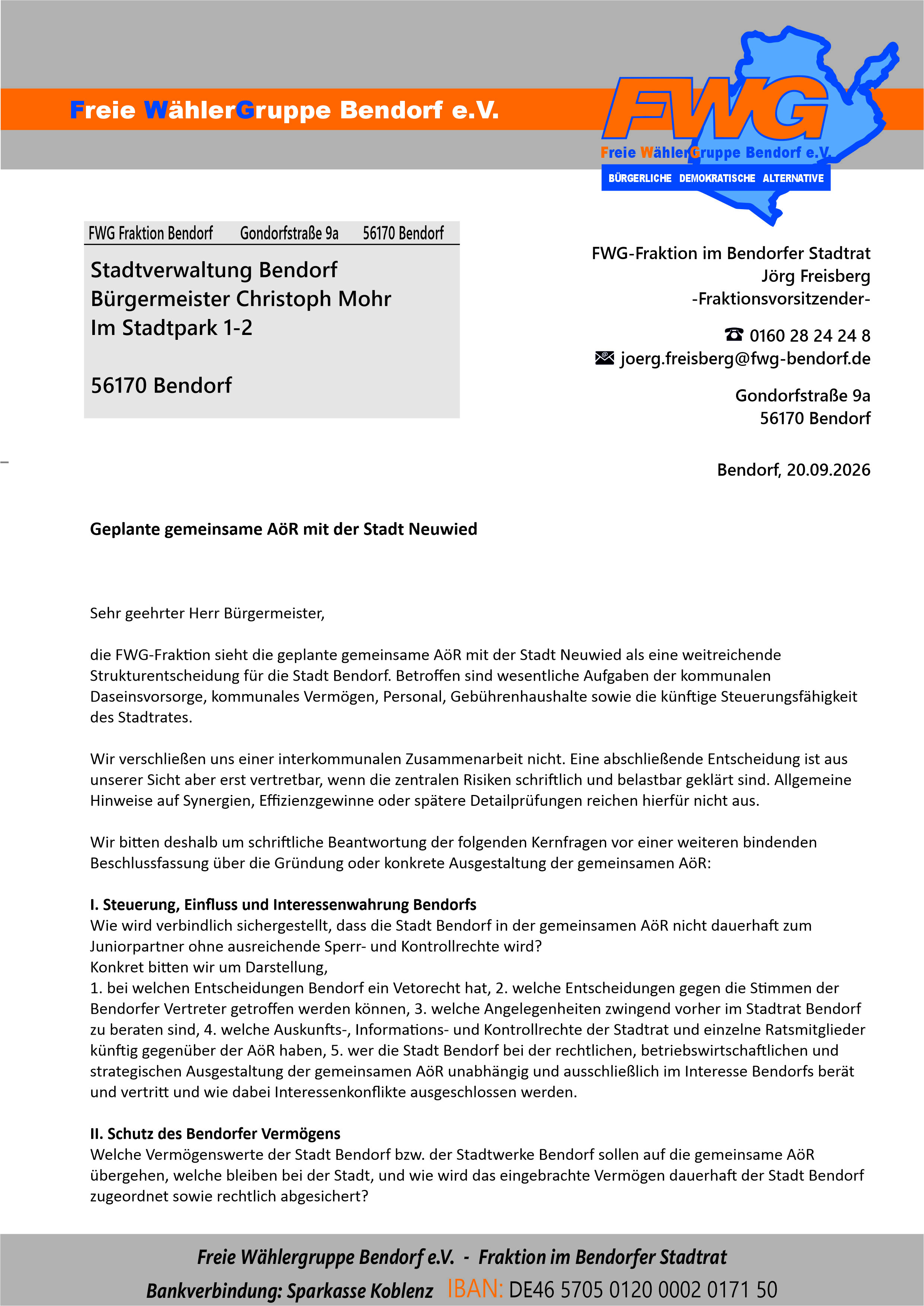 Anfrage FWG Bendorf - Zusammenschluss der Servicebetriebe Neuwied und der Stadtwerke Bendorf