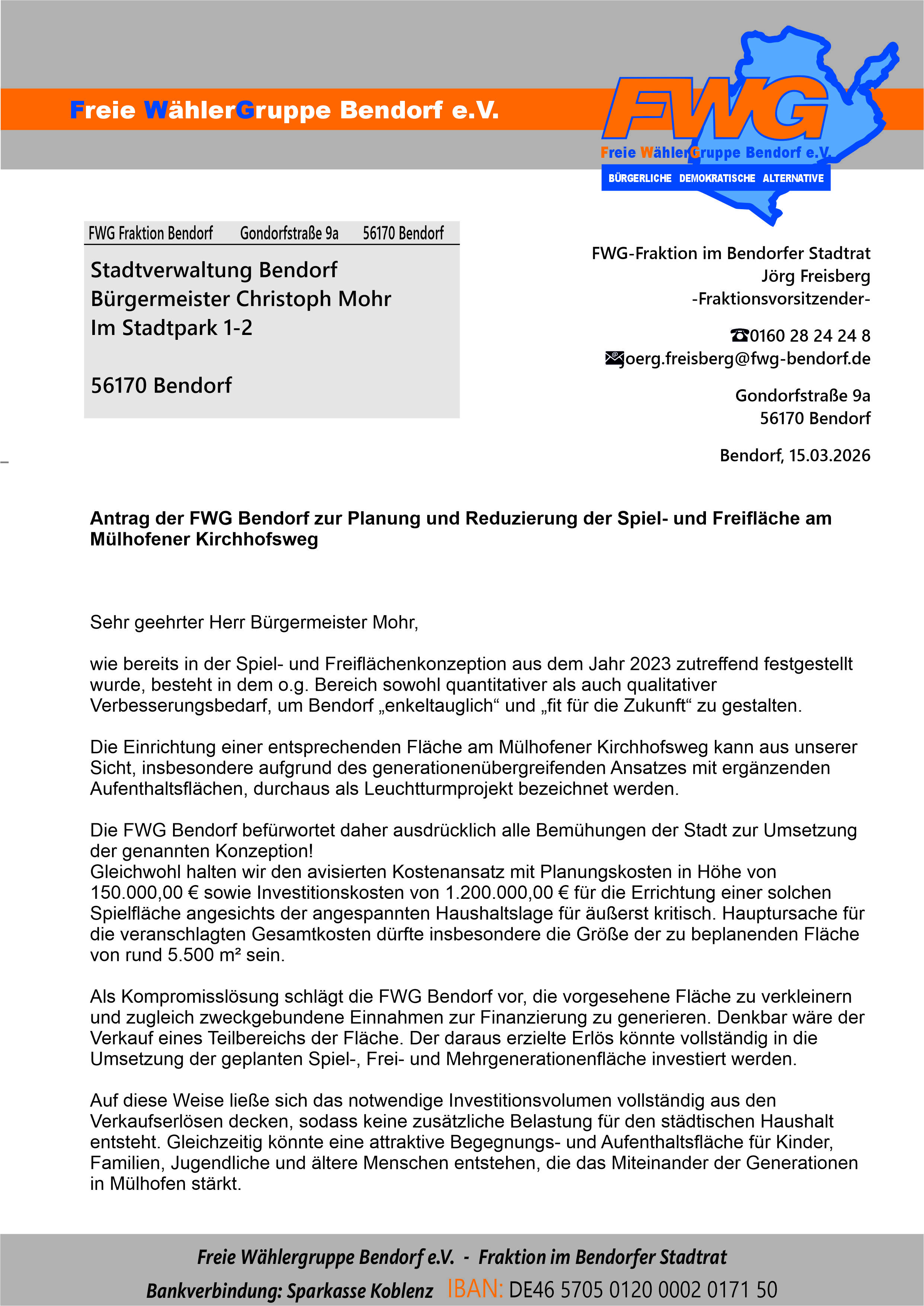 Antrag der FWG Bendorf zur Planung und Reduzierung der Spiel- und Freifläche am Mülhofener Kirchhofsweg