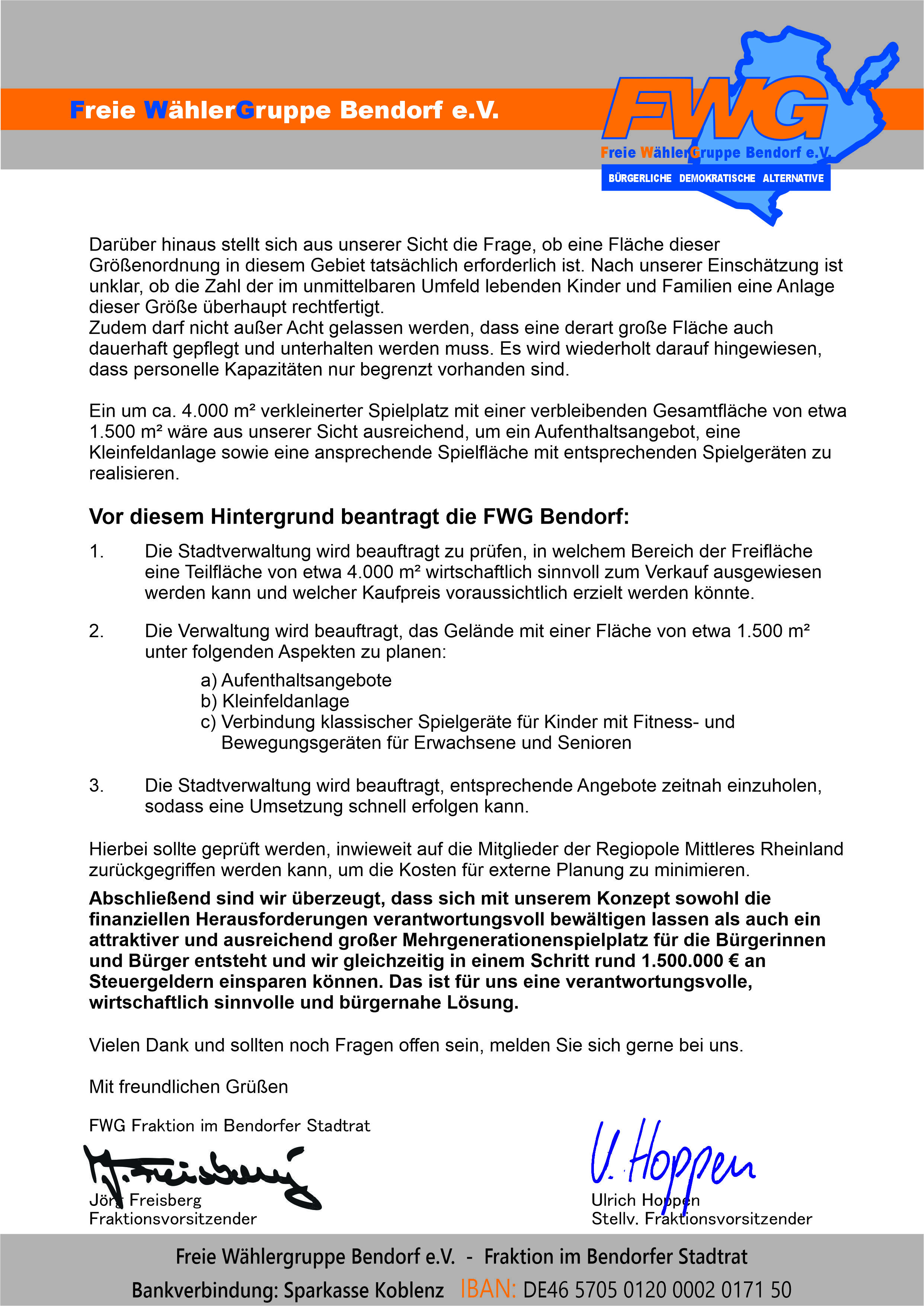 Antrag der FWG Bendorf zur Planung und Reduzierung der Spiel- und Freifläche am Mülhofener Kirchhofsweg