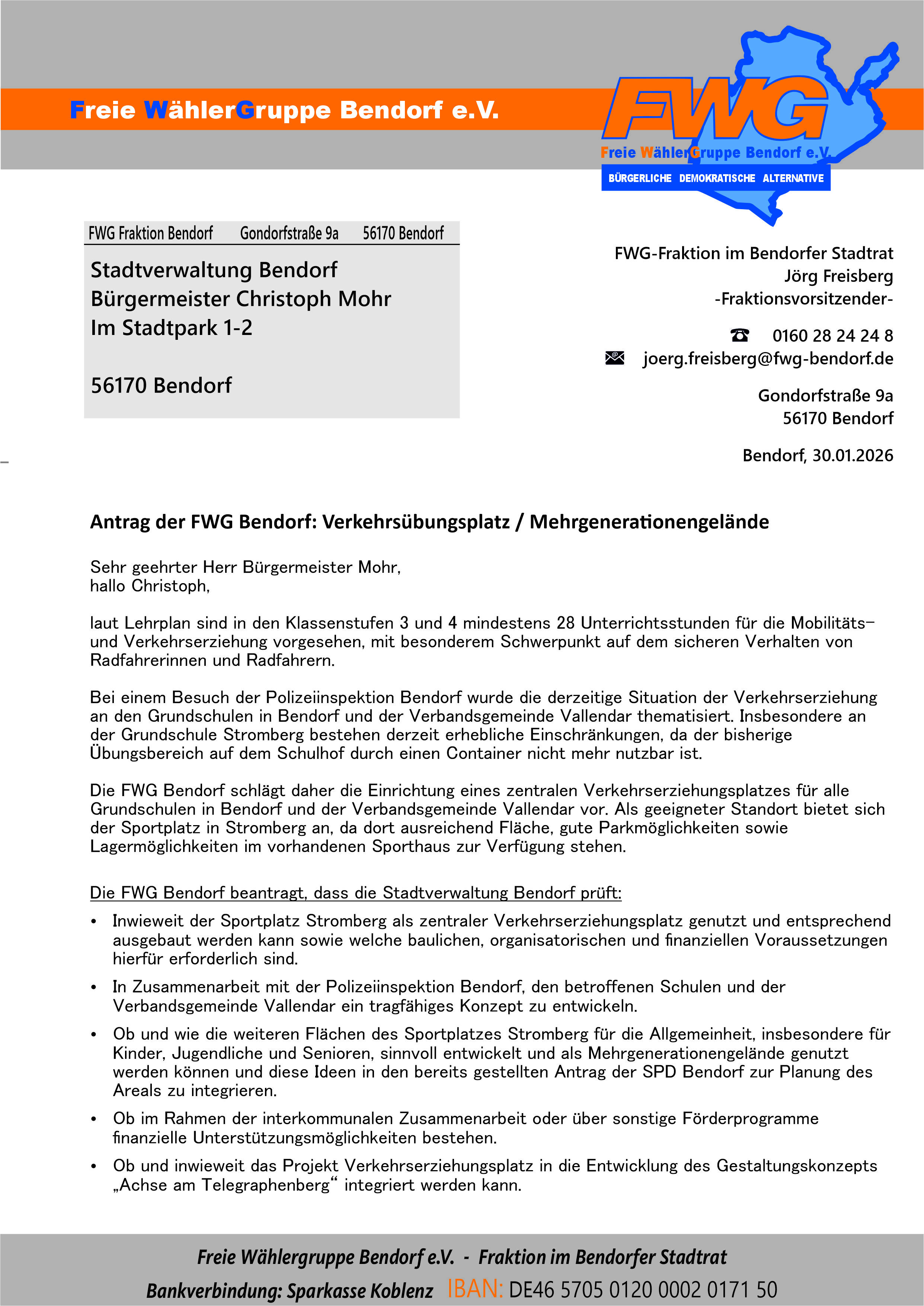 Antrag der FWG Bendorf: Verkehrsübungsplatz / Mehrgenerationengelände