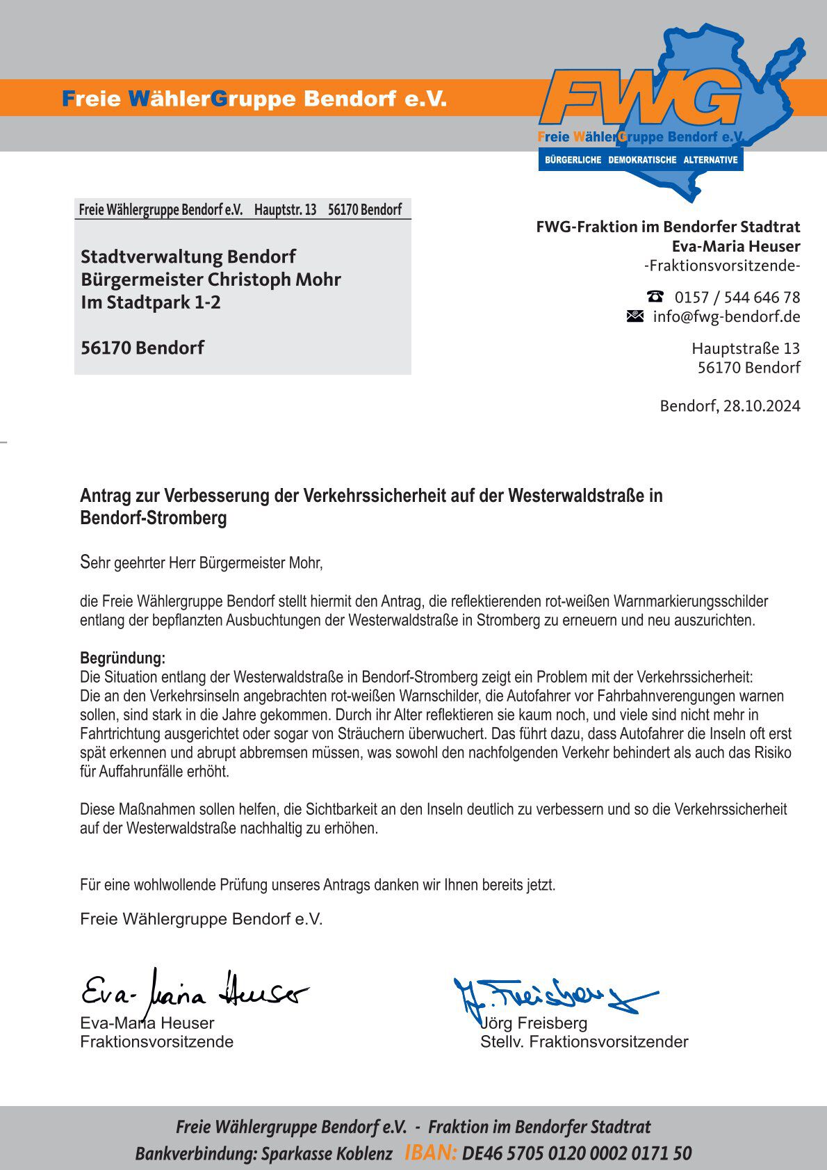 Antrag zur Verbesserung der Verkehrssicherheit auf der Westerwaldstra&szlig;e in Bendorf-Stromberg