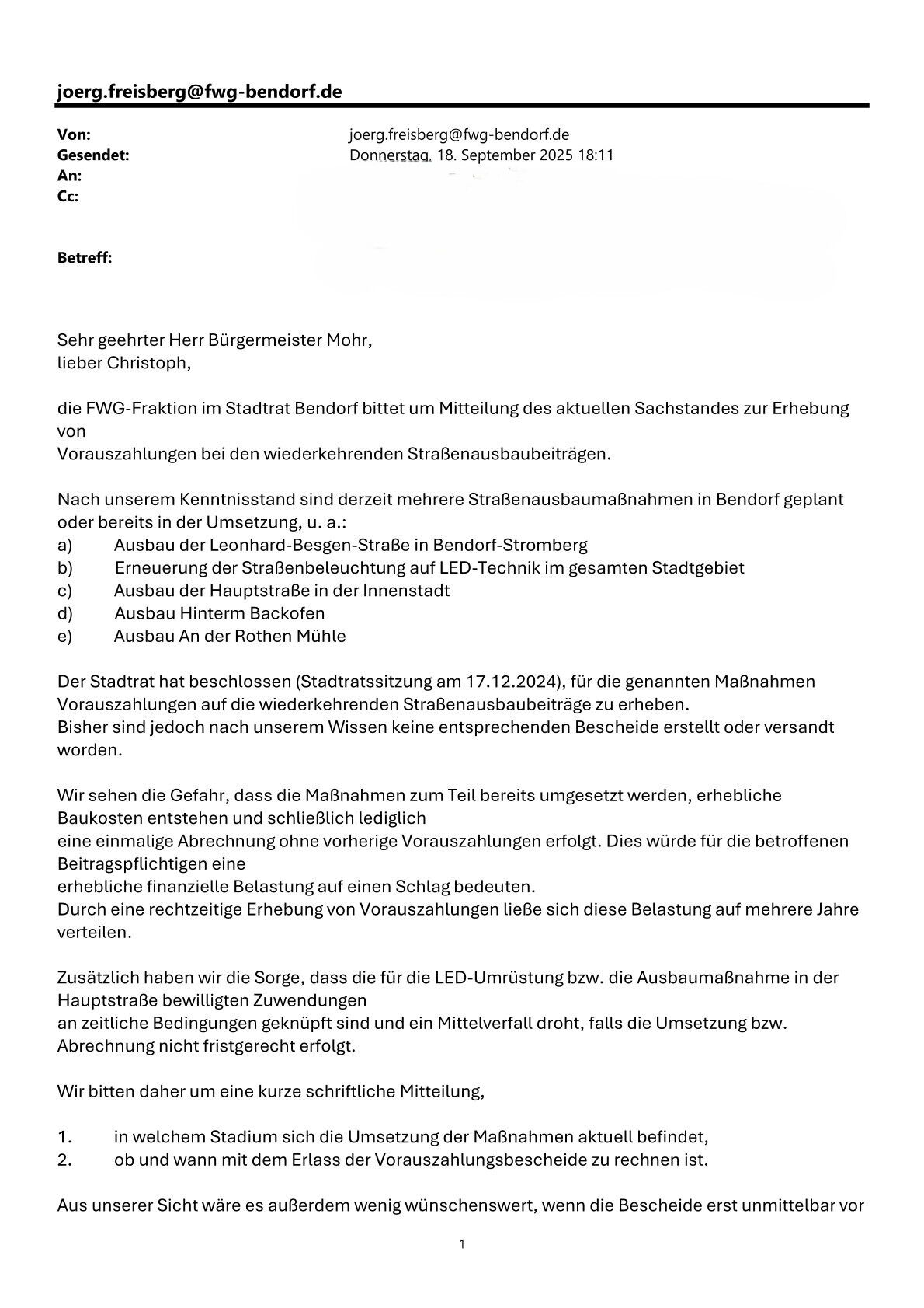 Sachstandsanfrage zur Erhebung von Vorauszahlungen bei wiederkehrenden Stra&szlig;enausbaubeitr&auml;gen