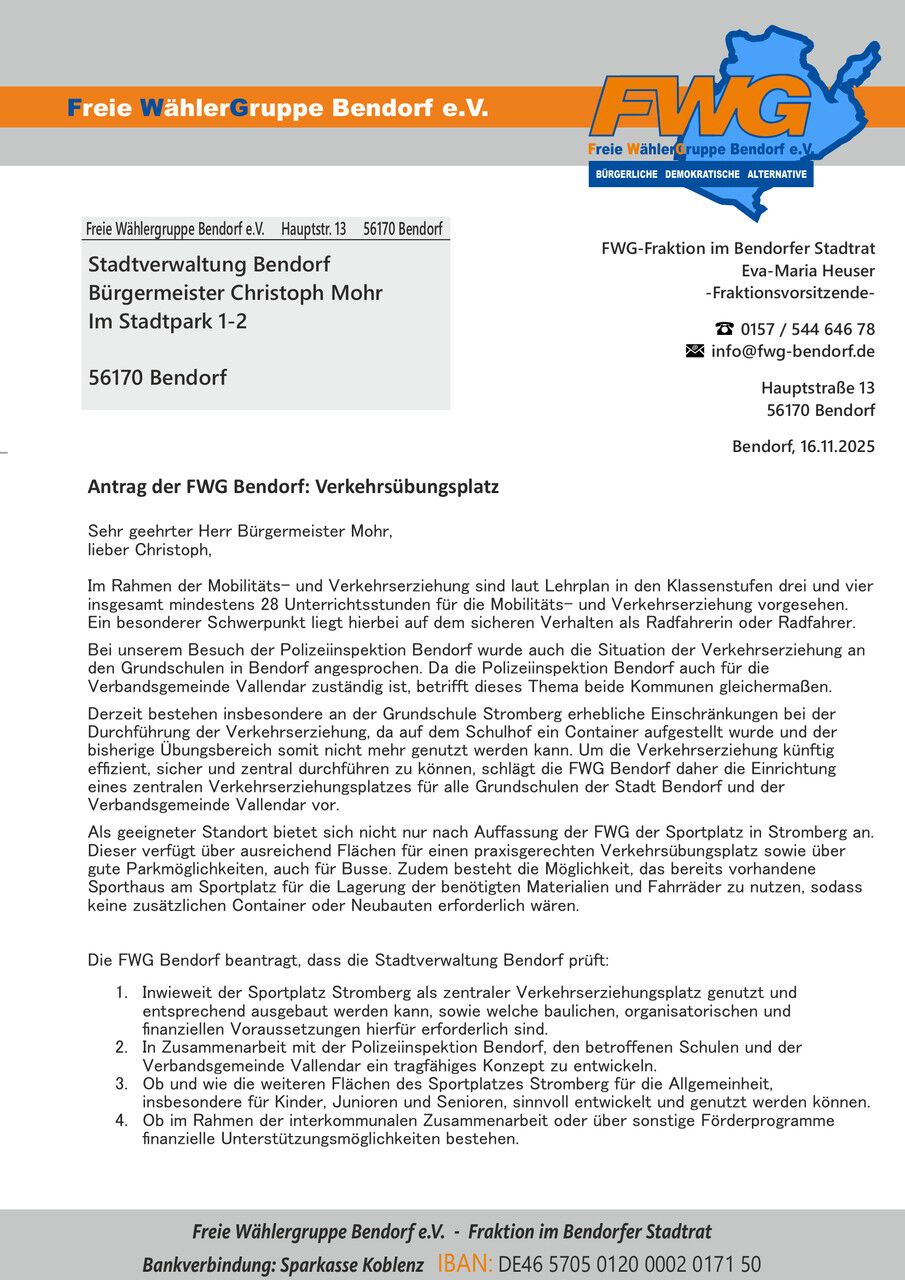 Antrag der FWG Bendorf: Verkehrs&uuml;bungsplatz