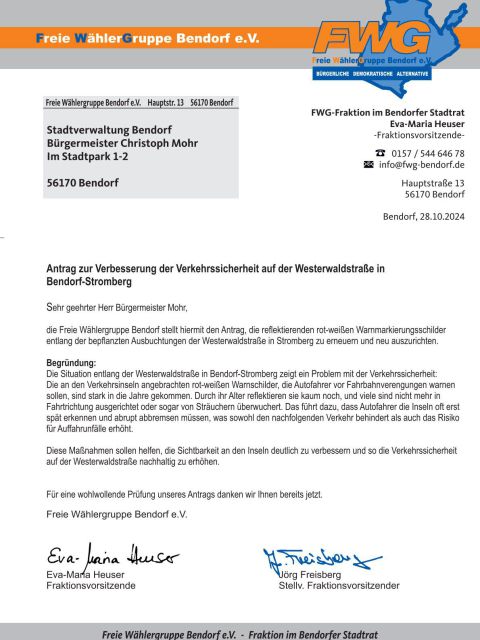 Antrag zur Verbesserung der Verkehrssicherheit auf der Westerwaldstra&szlig;e in Bendorf-Stromberg