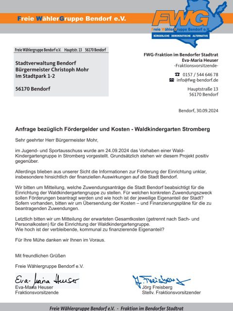 Anfrage bezüglich Fördergelder und Kosten - Waldkindergarten Stromberg