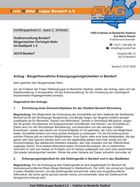Antrag - Bürgerfreundliche Entsorgungsmöglichkeiten in Bendorf