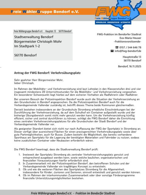 Antrag der FWG Bendorf: Verkehrsübungsplatz