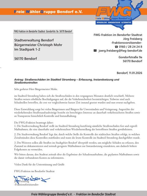 Antrag: Stra&szlig;ensch&auml;den im Stadtteil Stromberg &ndash; Erfassung, Instandsetzung und Stra&szlig;enkontrollen