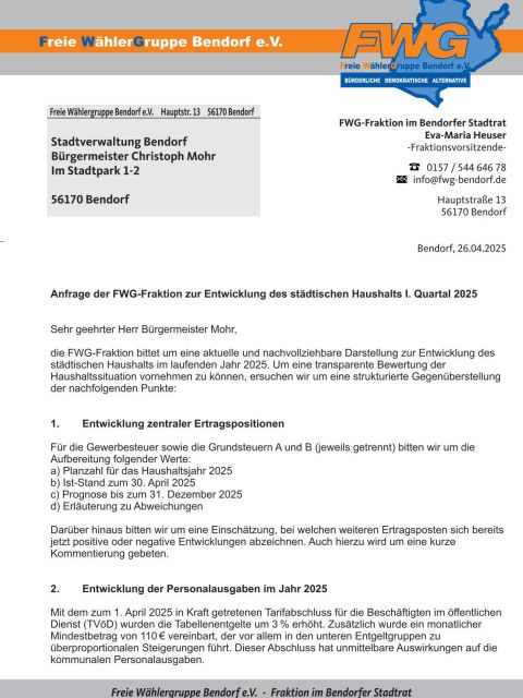 Anfrage der FWG-Fraktion zur Entwicklung des st&auml;dtischen Haushalts I. Quartal 2025