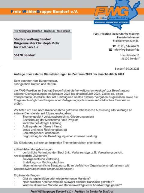 Anfrage über externe Dienstleistungen im Zeitraum 2023 bis einschließlich 2024