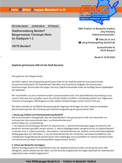 Anfrage FWG Bendorf - Zusammenschluss der Servicebetriebe Neuwied und der Stadtwerke Bendorf