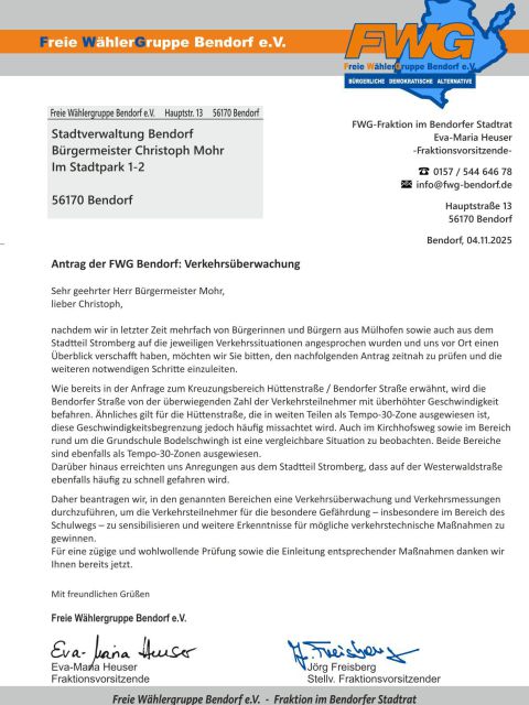 Antrag der FWG Bendorf: Verkehrsüberwachung