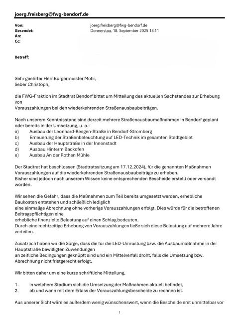 Sachstandsanfrage zur Erhebung von Vorauszahlungen bei wiederkehrenden Straßenausbaubeiträgen