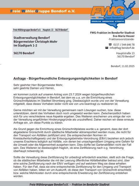 Anfrage - Bürgerfreundliche Entsorgungsmöglichkeiten in Bendorf