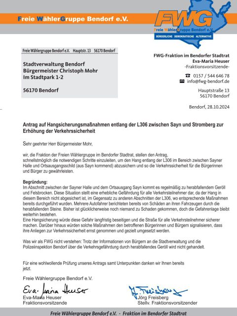 Antrag auf Hangsicherungsmaßnahmen entlang der L306 zwischen Sayn und Stromberg zur Erhöhung der Verkehrssicherheit