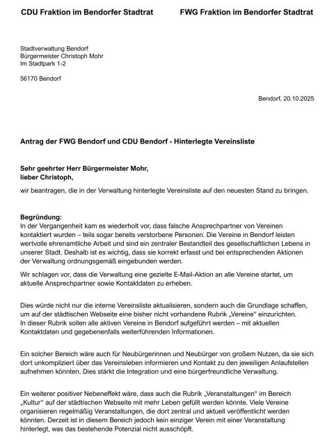 Antrag der FWG Bendorf und CDU Bendorf - Hinterlegte Vereinsliste