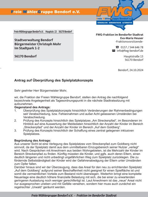 Antrag auf Überprüfung des Spielplatzkonzepts