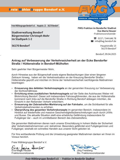 Antrag auf Verbesserung der Verkehrssicherheit an der Ecke Bendorfer Stra&szlig;e / H&uuml;ttenstra&szlig;e in Bendorf-M&uuml;lhofen