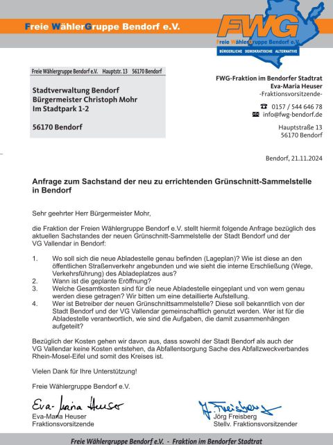 Anfrage zum Sachstand der neu zu errichtenden Grünschnitt-Sammelstelle in Bendorf